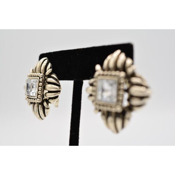Vintage Crystal Clip On Earrings Chunky Rhinestone Silver Tone Heavy 1980s BinAR - Picture 3 of 12